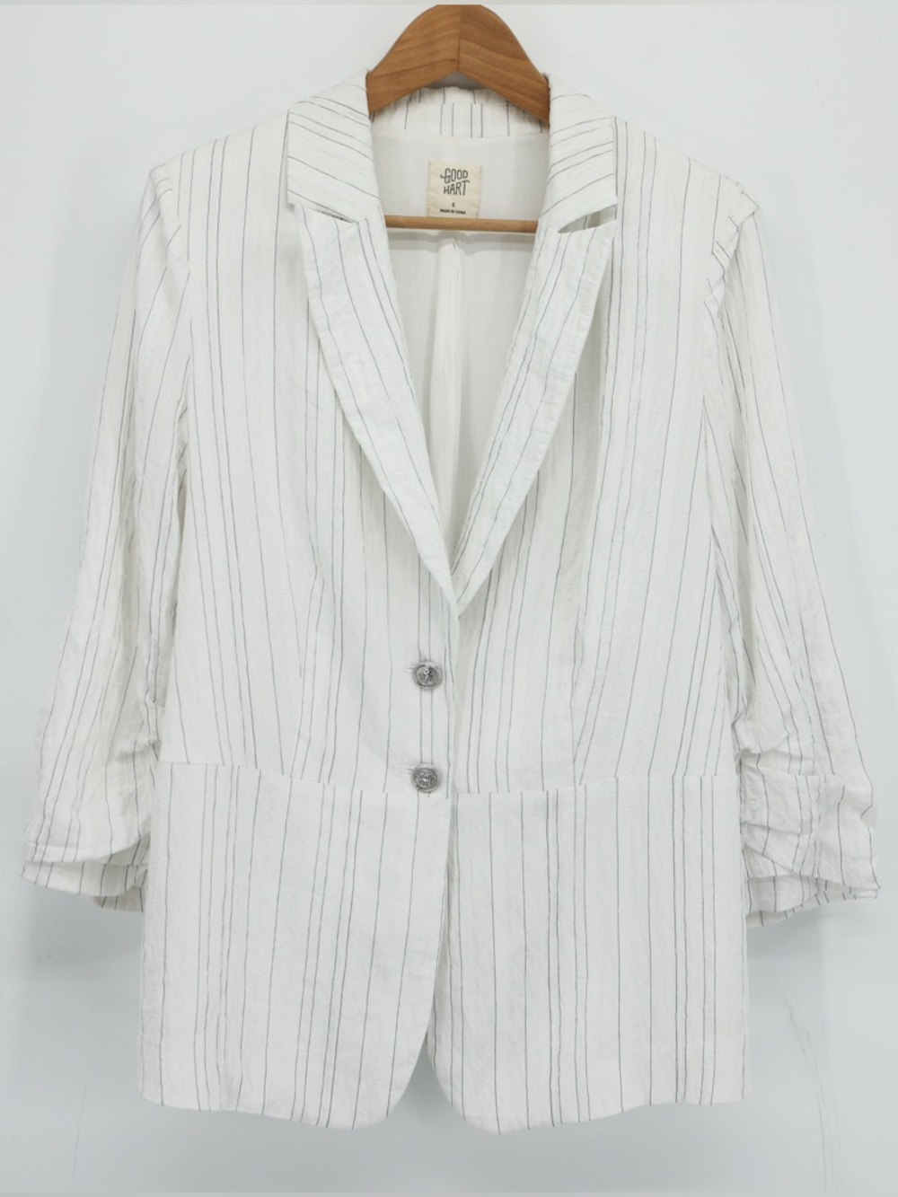 Good Hart Striped‎ Blazer Jacket Crinkled Nautical Neutral Viscose Blend White S